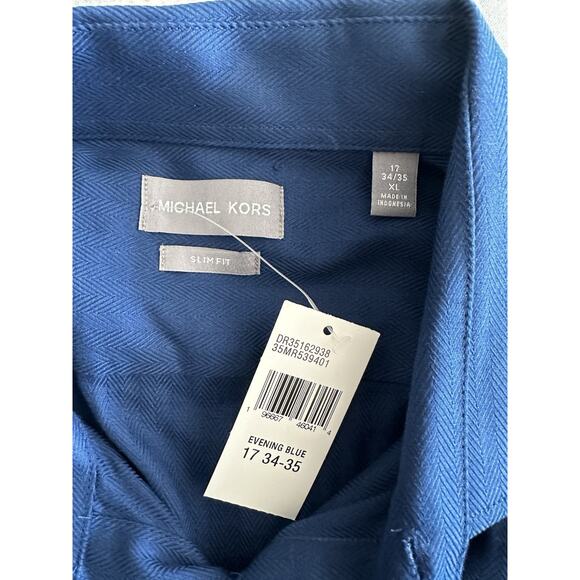 New Michael Kors Slim Fit LS Button Down Evening Blue Solid Herringbone 17 34/35 - Picture 4 of 6